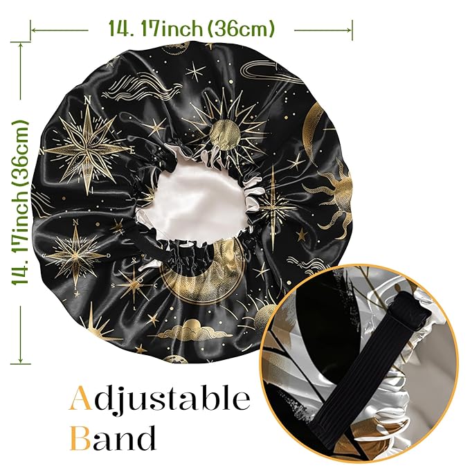 2 PCS Bonnets for Women Girls Satin Hair Bonnet Silk Adjustable Elastic Double Layer Hair Wrap Sleep Cap Comfort Cute-Sun Moon Leaf