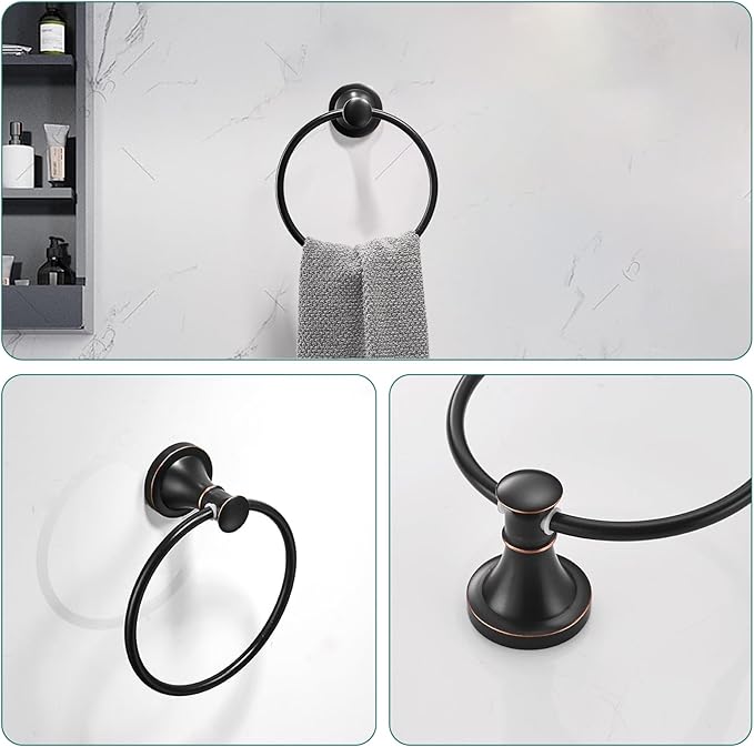 Hoimpro Oil Rubbed Bronze Bathroom Accessory Set, 4-Piece Wall Mount Hardware with Adjustable Towel Bar Rack, Towel Ring, Paper Towel Holder, Double Towel Hooks