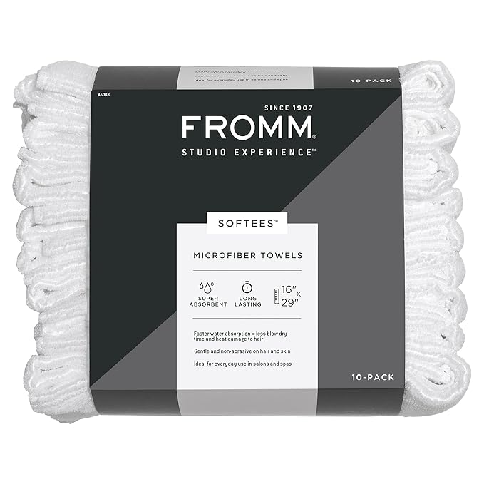 Fromm Softees Microfiber Salon Hair Towels for Hairstylists, Barbers, Spa, Gym in White, 16" by 29", 10 count Perfect Hair Care Towel for Drying Curly, Long, Wavy Hair