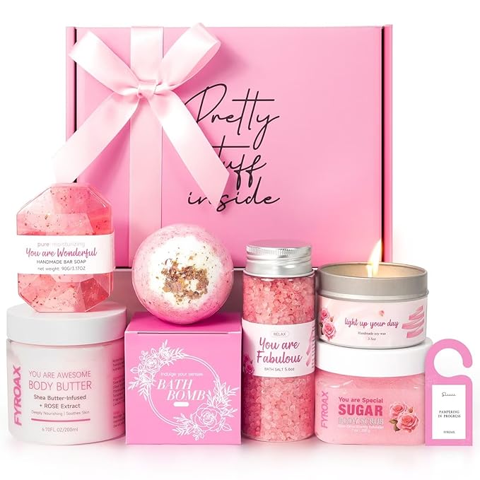 Spa Gifts for Women 7 Pcs Home Spa Kit Rose Gifts for Woman,Spa Gift Baskets Self Care Gifts Spa Gift for Women Birthday,Mothers Day Basket Easter Christmas Bath Set