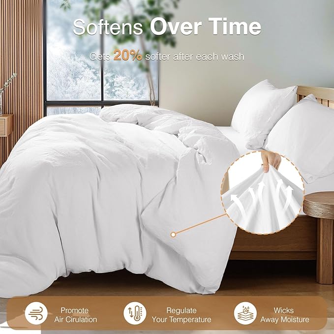 SONORO KATE 100% French Linen Duvet Cover King Size, Soft Breathable for Hot Sleepers, Moisture Wicking & Durable Cover Set - Zipper Closure & 4 Corner Ties Duvet Covers 3 Piece (White,King)