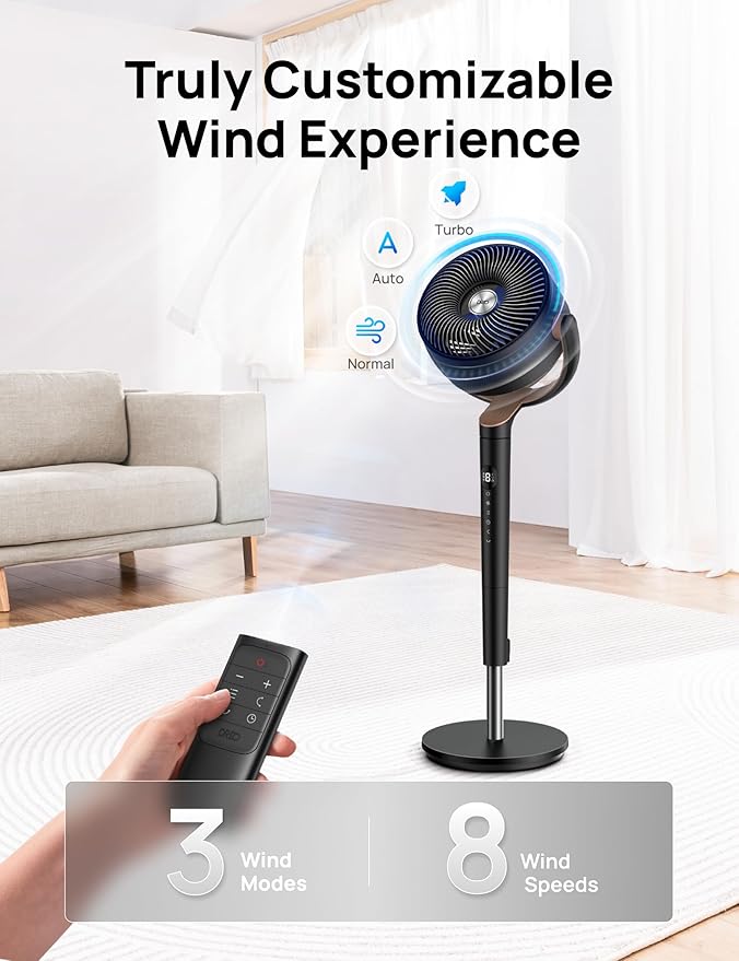 Dreo Fan for Bedroom, 120°+120°Omni-directional Oscillating Fan, DC Motor, 20 dB Quiet Standing Pedestal Fans, 90ft, 8 Speeds, 3 Modes Circulator with Remote, 35-40"Adjustable Height, 8H Timer, Black