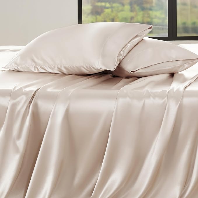 Bedsure Satin Sheets King Size - 4 Piece Silky Bedsheets with 15 Inches Deep Pocket Fitted Bedsheet,1 Flat Sheet, 2 Satin Pillowcases, Good for Hair & Skin (King, Beige)
