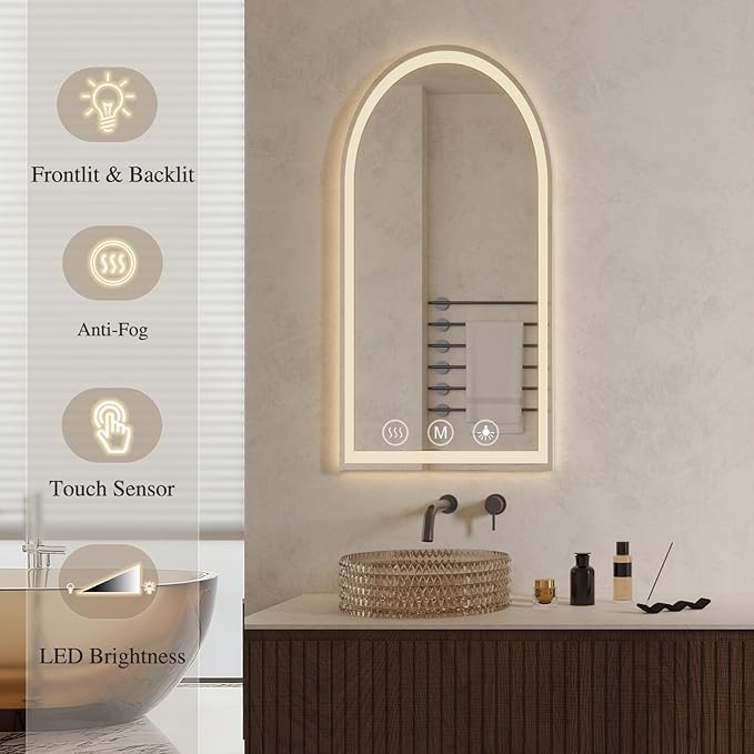 LED Bathroom Mirrors with Lights 24"x36" Arched Mirror for Wall,Led Vanity Mirror, Anti-Fog,LED Mirrors with Front Light and Backlit, Anti-Fog, Dimmable, 3 Color, Shatterproof, Touch Sensor