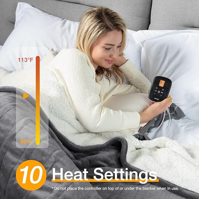 WOOMER [5-Year Warranty Heated Blanket King Size,Durable Flannel and Soft Sherpa,Dual Control,90” × 100” Electric Blanket, 10 Heat Levels&0.5-12h auto-Off, Overheat Protection,Energy Efficient