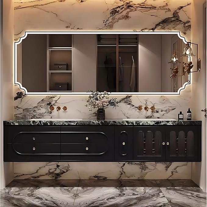 Bathroom Vanity with Sink - Luxurious Bathroom Sink Cabinet, Floating Vanity with Smart Defog Mirror and Solid Wood Multifunctional Cabinet, Complete Accessories (Black, 56")