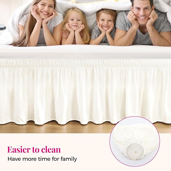 RIMELA Cream White Bed Skirt King Size 15 Inch Drop, Wrap Around Elastic Bedskirt, Dust Ruffle for Adjustable Bed Base Machine Washable Easy to Install Bed Skirts