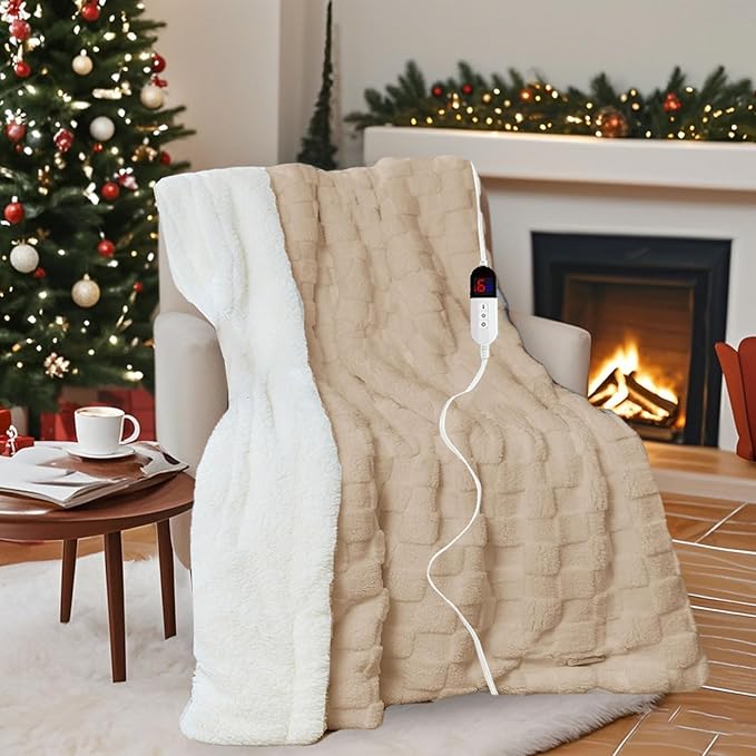 Electric Blanket, Heated Blanket with 6 Heat Levels & 10 Hours Auto Off, Soft Checked Flannel Fast Heating Blanket with ETL & FCC Certification (Khaki, 72"X84")