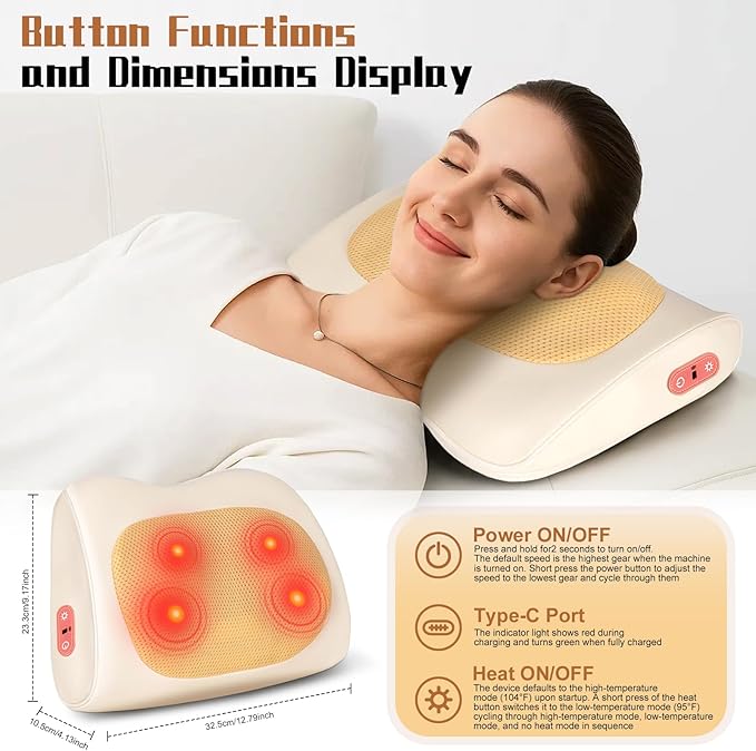 Shiatsu Back and Neck Massager with Heat,3D Electric Kneading Deep Tissue Massage Pillow for Muscle Pain Relief,Cordless Portable Massage for Neck,Shoulder,Leg,Back,Use for Home,Car,Office,Travel