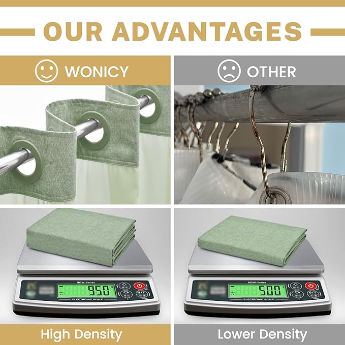 No Hook Shower Curtain with Snap in Liner, Polyester Textured Shower Curtain with Liner Set, Waterproof Washable Hotel Style Shower Curtains for Bathroom, 71Wx77H, Sage Green