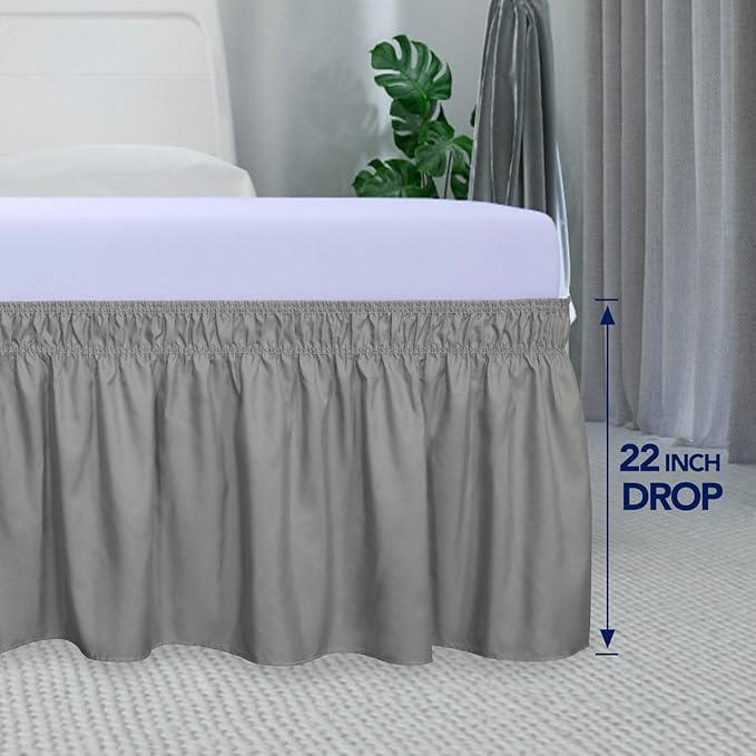 PureFit Wrap Around Ruffled Bed Skirt with Adjustable Elastic Belt - 22 Inch Drop Easy to Put On, Wrinkle Free Bedskirt Dust Ruffles, Bed Frame Cover for Twin,Twin XL and Full Size Beds, Gray