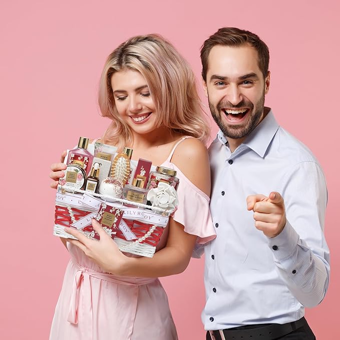 Christmas Gifts for Women - 19-Piece Luxury Rose & Cherry Blossom Spa Gift Basket Set Bath and Body Gift Sets Care Kit with Necklace | Valentine's Day, Mothers Day Gifts Baskets for Mom, Wife