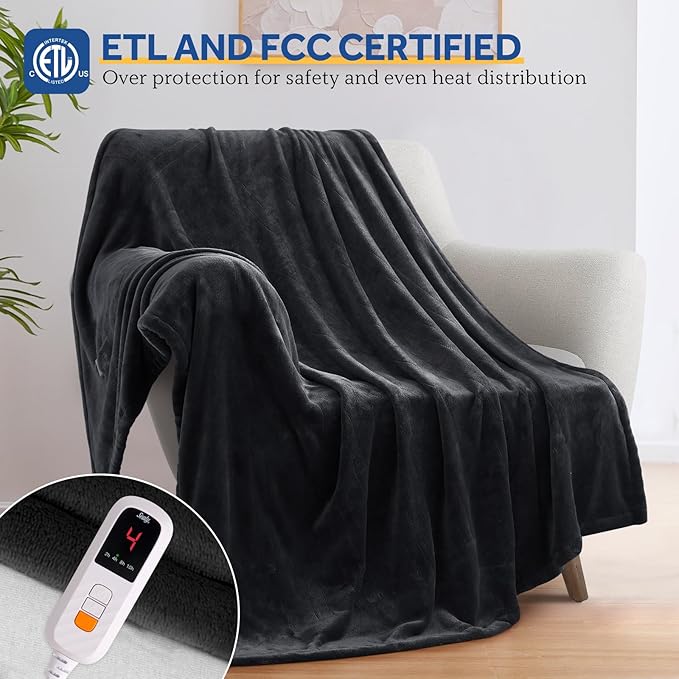 Sealy Heated Blanket Electric Throw 50"x60", Soft Double Flannel Electric Blanket with 6 Heat Levels & 2-10 Hours Auto Shut Off, Machine Washable, Even Heat Distribution, Charcoal