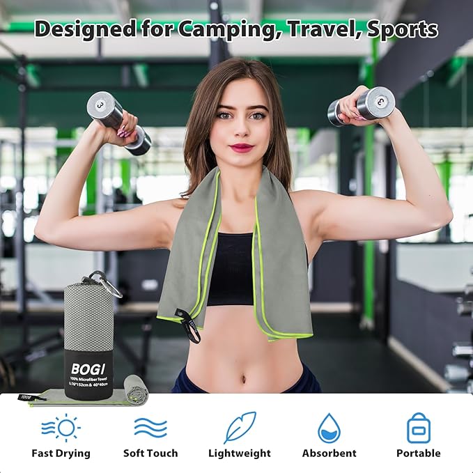 BOGI Microfiber Travel Sports Towel-Quick Dry, Soft Lightweight, Absorbent, Compact for Camping, Gym, Yoga, Swimming, Backpacking (L:60''x30''+16''x16'' - Grey)