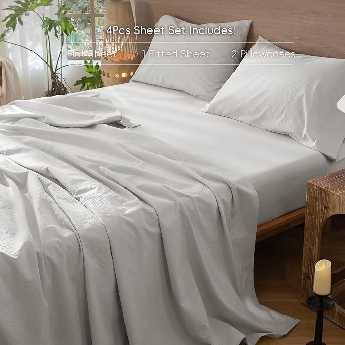 MooMee Bedding Sheet Set 100% Washed Cotton Linen Like Textured Breathable Durable Soft Comfy (Solid Light Blueish Grey, King)