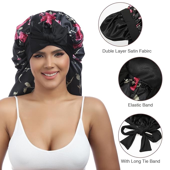 AWAYTR Long Satin Bonnet for Women - Double Layer Elastic Silk Bonnet for Braids Hair Sleeping Cap with Tie Band (Flower C)