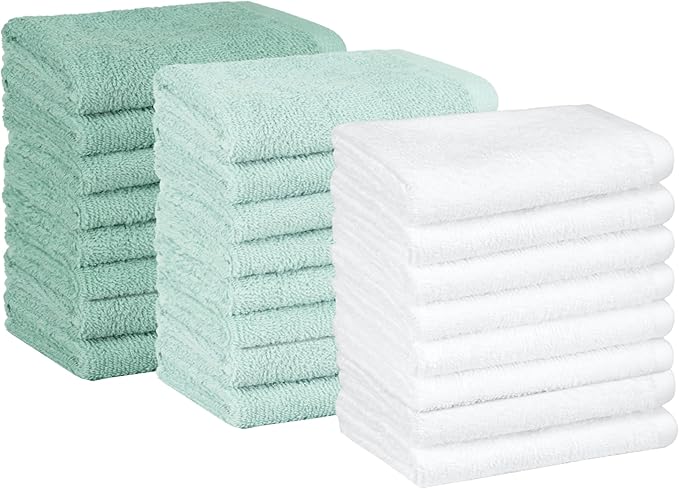 Amazon Basics Cotton Washcloths for Bathroom, Fast Drying, Extra Absorbent, 12 x 12 in, Seafoam Green, Ice Blue, White, 24-Pack
