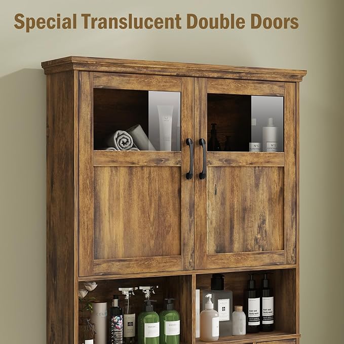 Vabches Over The Toilet Storage Cabinet With Double Doors & Paper Holder Stand, Freestanding Shelf Space Saver With Anti-Tip Design & Adjustable Shelf, Brown