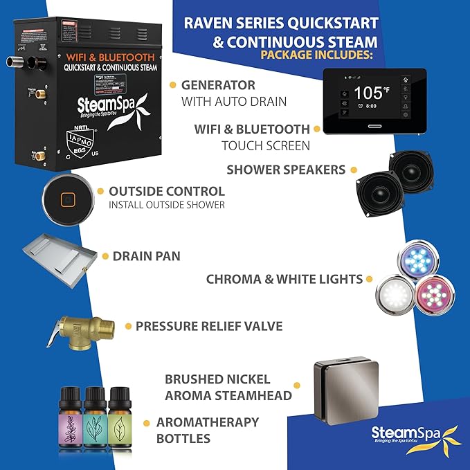 SteamSpa Steam System 4.5kW Steam Shower Generator with Bluetooth Wifi, Quickstart Continous Steam, Advanced Touch Pad Screen, Chroma Lights, Drain Pan and Auto Drain Brushed Nickel RVBS450BN-A