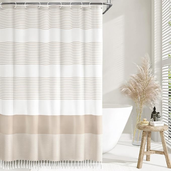 Awellife Boho Beige Shower Curtain for Bathroom Extra Long Cotton Stripe Tassel Shower Curtain 72 X 84 Inches Natural Texture