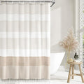 Awellife Boho Beige Shower Curtain for Bathroom Cotton Stripe Tassel Shower Curtain 72 X 72 Inches Natural Texture