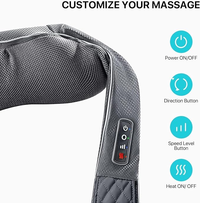 Cordless Shiatsu Neck Massager with Heat – Rechargeable Massager for Neck and Shoulder Pain with 8 Deep Kneading Nodes, Back Massager for Home Office Outdoor - Christmas Gifts for Mom Dad Men Women