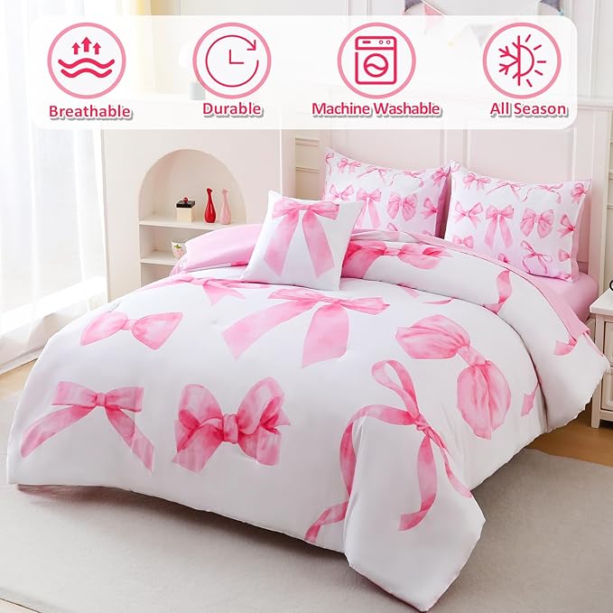 Twin Size Comforter Sets Pink Bed in a Bag for Girls, Bow Comforter Set,6 Pieces Bow Bedding Sets with Sheets for Kids
