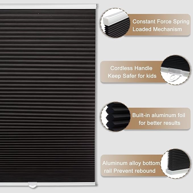 MYshade 1.5-Inch Cellular Cordless Blackout Shades,Thermal Insulating Noise Reducing Waterproof Blinds,Honeycomb Window Treatments for Indoor Light Control (Black-24 W x 48" H)