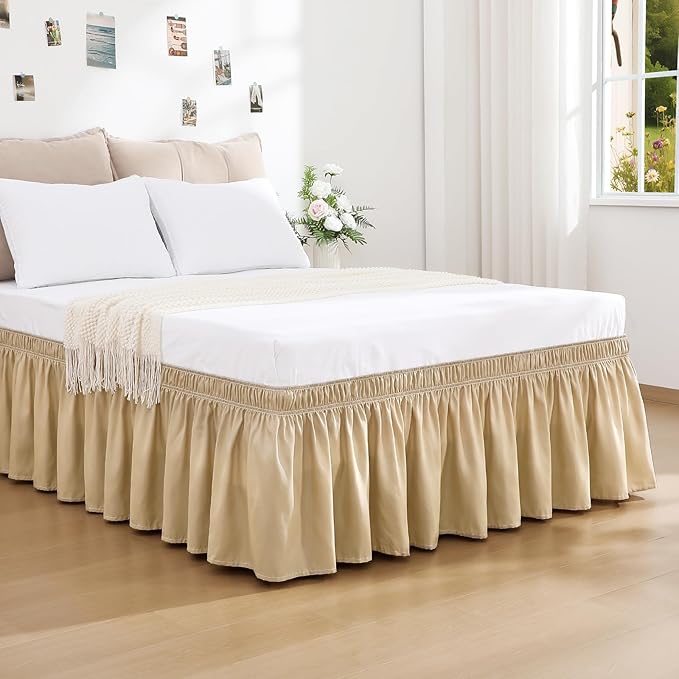 RIMELA Beige Bed Skirt Queen Size 15 Inch Drop, Wrap Around Elastic Bedskirt, Dust Ruffle for Adjustable Bed Base Machine Washable Easy to Install Bed Skirts