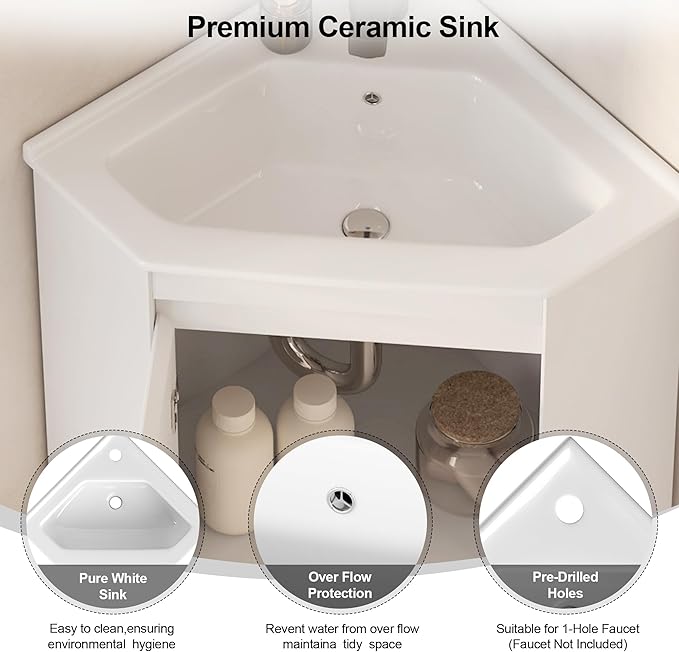 Corner Bathroom Vanity Sink Cabinet 24", Wall Mount Floating for Small Bathroom, White Ceramic Top (Faucet Not Included) (Flat Panel)