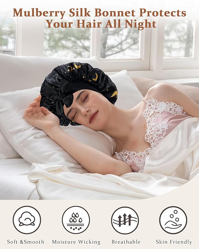 100% Mulberry Silk Bonnet for Sleeping Women Double Layer Silk Hair Bonnet Natural Sleep Cap with Elastic（Black + Moon）
