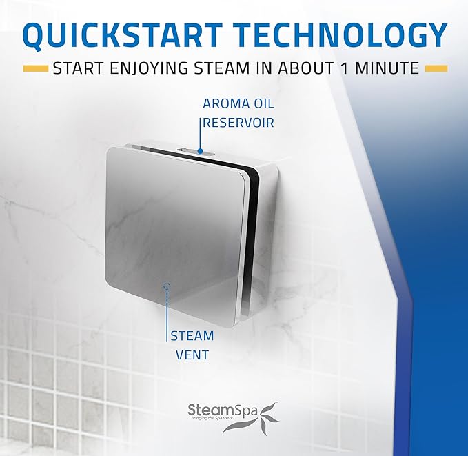 SteamSpa Steam System 9kW Steam Shower Generator with Bluetooth Wifi, Quickstart Continous Steam, Advanced Touch Pad Screen, Chroma Lights, Drain Pan and Auto Drain Chrome RVBS900CH-A