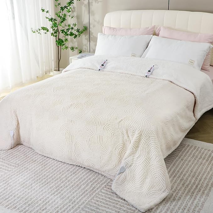 Heated Blanket Queen Size - 84"x90" Cozy Soft Jacquard Heating Blanket with 4 Heat Levels & 10 Hours Auto-Off, Jacquard Fleece, Overheating Protection, Warm Gifts, Cream