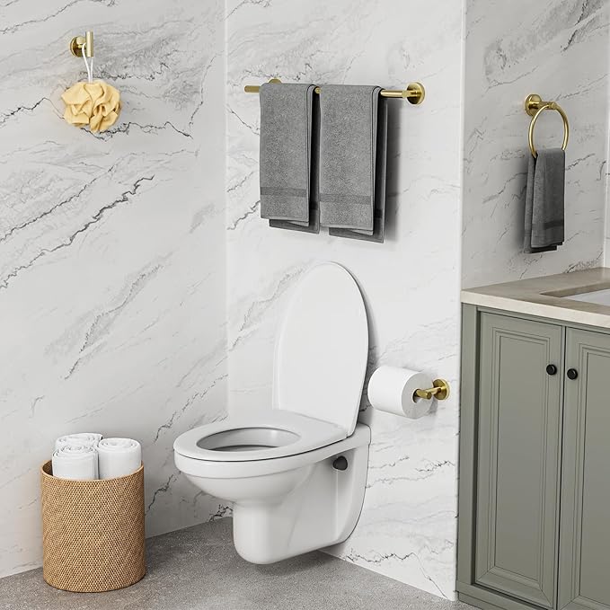 Gold Bathroom Accessories 5 Piece, 24 Inch Bath Hardware, Wall Mounted Brushed Gold Towel Rack, Durable SUS304 Stainless Steel Towel Bar Set