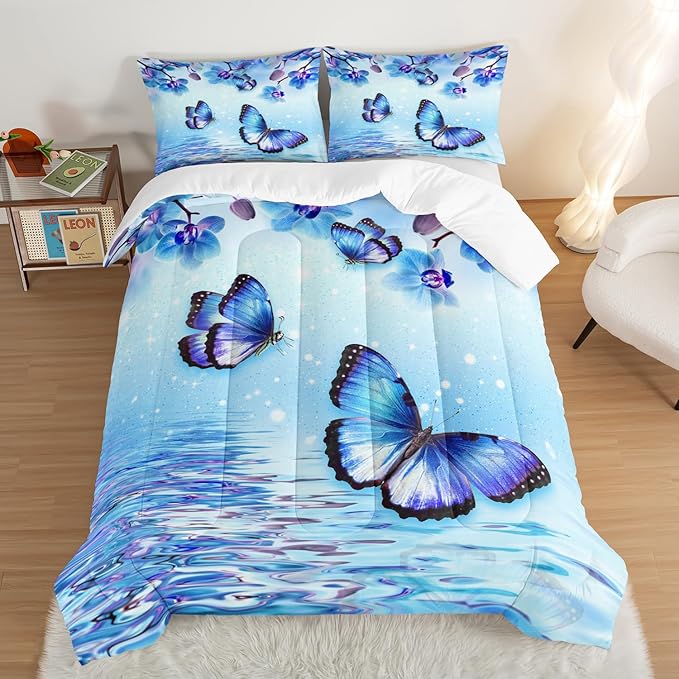 Fantasy Blue Themed Aesthetic Bedding Full Comforter Set,Butterflies on Water with Falling Flowers Comforter Sets for Kids Girls Boys,Pretty Butterfly Pattern Bedding Sets with 2 Pillowcases.