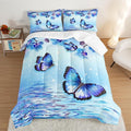 Fantasy Blue Themed Aesthetic Bedding Queen Comforter Set,Butterflies on Water with Falling Flowers Comforter Sets for Kids Girls Boys,Pretty Butterfly Pattern Bedding Sets with 2 Pillowcases.