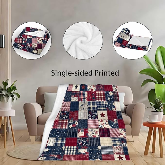 Printed Patchwork Country Blanket Throw for Women and Men, Farmhouse Vintage Blanket Gift, Lightweight Fleece Americana Rustic Home Decor, 40"×50"