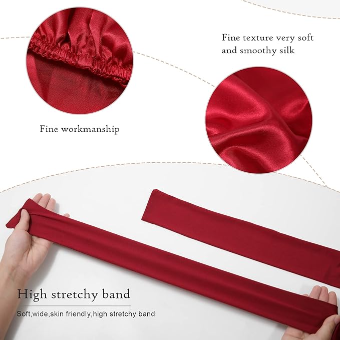 AWAYTR Long Satin Bonnet for Braids - Elastic Silk Hair Bonnets for Sleeping Night Cap Stretchy Tie Band for Women（Wine Red）