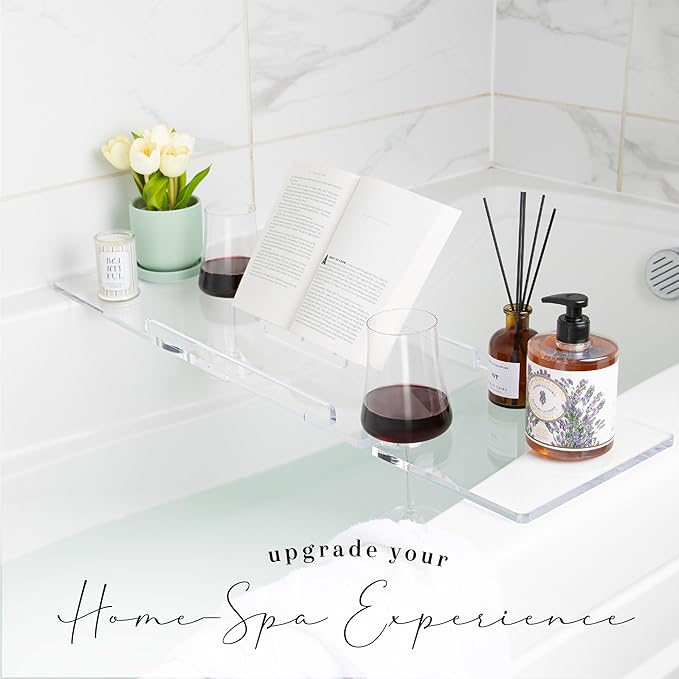 36" Supreme Plus- Luxury Bathtub Tray Caddy- 3/8" Thick, Clear Bath Tub Tray Table for 1 or 2 Bathers, Acrylic Bathtub Caddy, iPad and 2 Wine Glass Holders (Supreme Plus, 36")