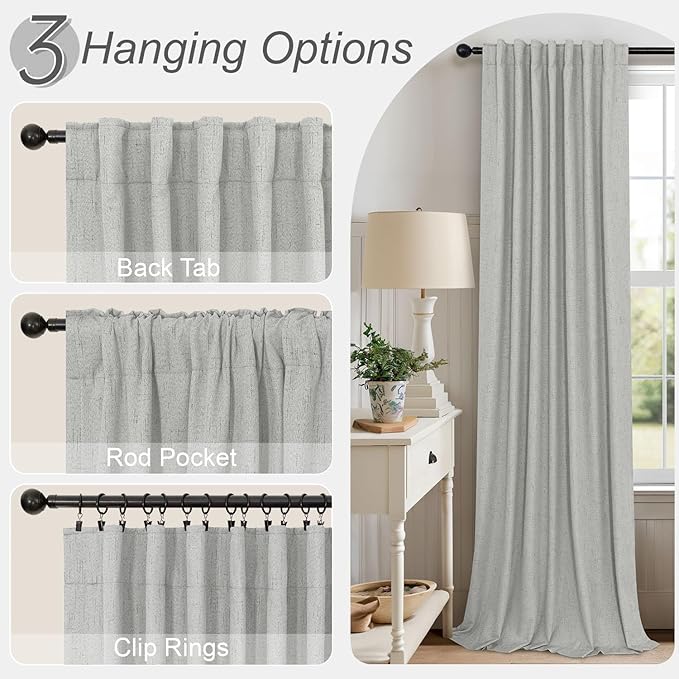 Extra Long White Gray Blackout Curtains 108 Inch Long for Living Room 2 Panel Lightweight Linen Textured Total Black Out Darkening Light Grey Drape for Sliding Glass Doors Back Tab Pocket 9ft Length