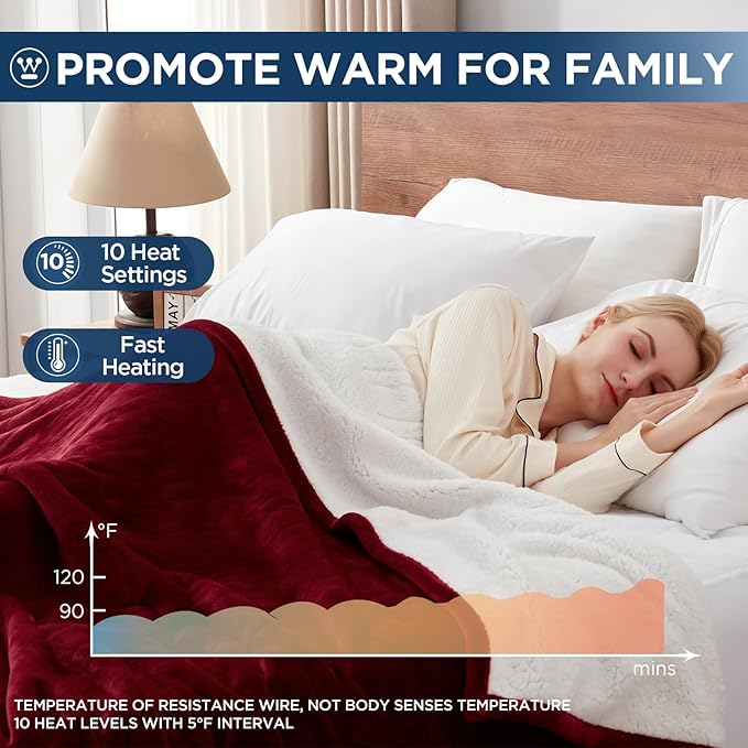 Westinghouse Electric Blanket King, Heated Blanket King Size with 10 Heating Levels and 1 to 12 Hours Heating Time Settings, Flannel to Sherpa Reversible, Machine Washable (90" x 100", Red)