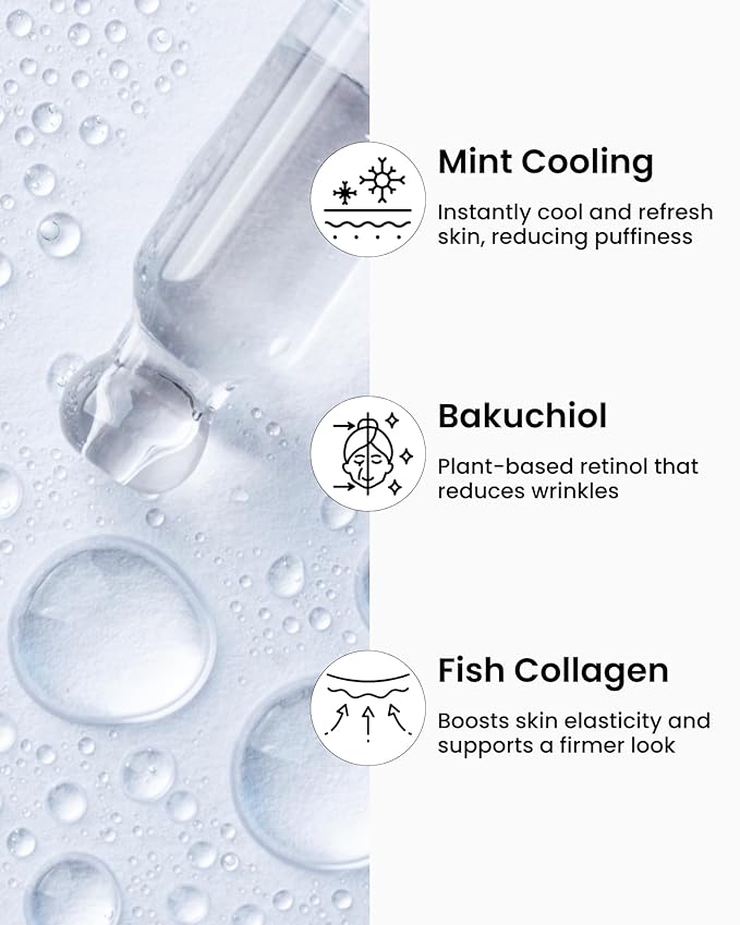 Ice Roll Serum for Face, Puffy Eyes, Under Eye Bags - Bakuchiol & Collagen for Wrinkles, Anti Aging, Cooling Ice Roller for Puffiness, Redness, Dark Circles - Korean Skin Care, 1.69 Fl Oz