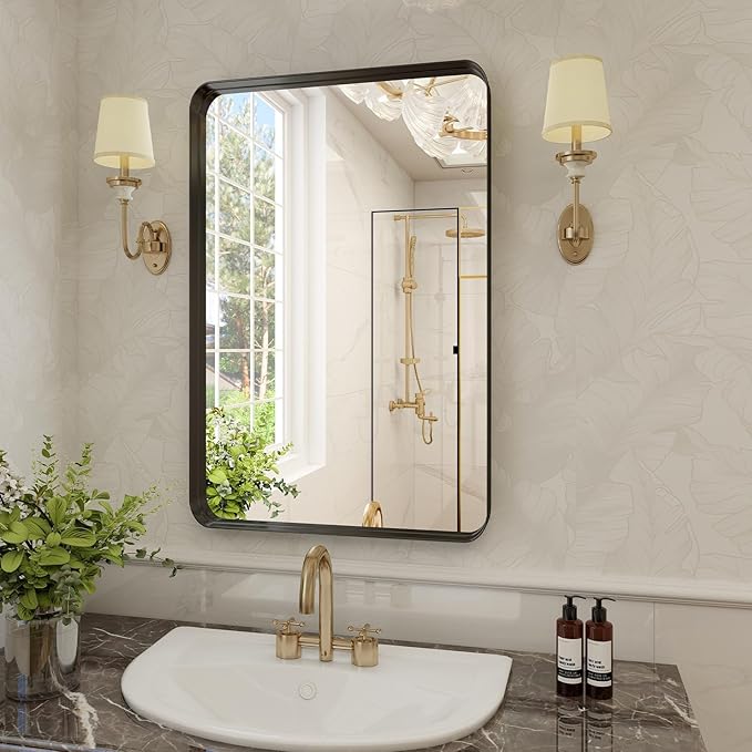 VooBang Bathroom Mirror 20x30 inch, Black Gorgeous Deep Frame Wall Mirror, Modern Round Corner Bathroom Vanity Mirror for Over Sink Hanging or Leaning Horizontal or Vertical, Black