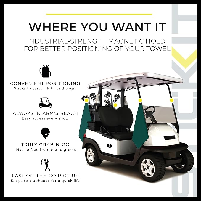 STICKIT Magnetic Golf Towel, Green, Premium 29" Microfiber with Deep Waffle Pockets, Industrial Strength Magnet for Secure Hold to Golf Carts & Clubs, Ultra-Absorbent, Fast-Drying, Easy-Clean Design