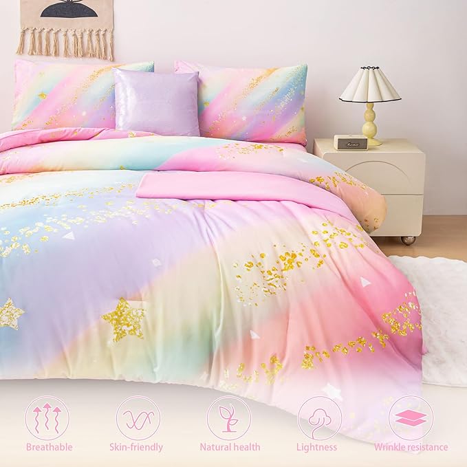 Rainbow Bedding Set Twin Size – 6-Piece Reversible Girls Comforter with Deep-Pocket Sheet, Gradient Galaxy Design, Whole-Piece Filling, Machine Washable Bed-in-a-Bag for Kids Room Makeover & Gifts