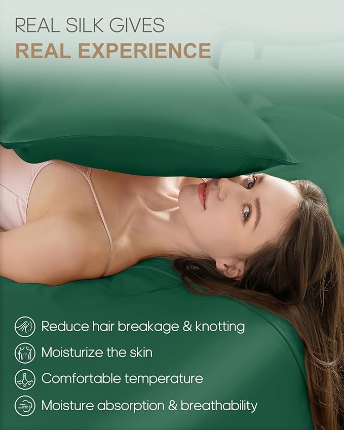 THXSILK 100% Mulberry Silk Pillowcase for Hair and Skin Health, Hidden Zipper, 22 Momme, Both Sides Smooth, Breathable and Natural, Sleep Pillow Case (Standard 20"x26", Emerald Green)