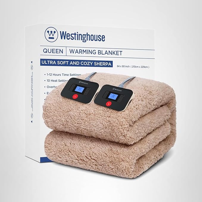 Westinghouse Electric Blanket Queen Size, Soft Plush Sherpa Heated Blanket with 10 Heating Levels & 1-12 Hours Auto-Off, Machine Washable, 84x90 inches, Camel