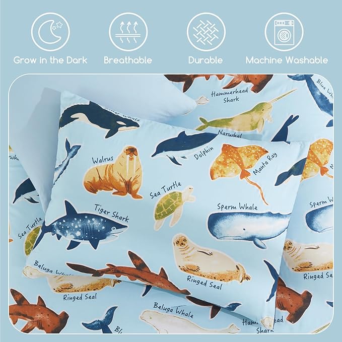 Kids Comforter Set Twin Size for Boys, Glow in The Dark Sea World Bedding Set 1 Comforter, 1 Decor Pillow, 1 Pillow Shams