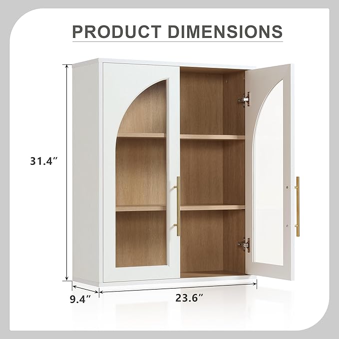 Bathroom Wall Cabinet, 23.5×31.4'' Storage Cabinet, Arched Cabinet Wall Mount with Adjustable Shelf & Glass Doors, Medicine Cabinet for Laundry Room, Bathroom, Kitchen, Living Room, Bedroom, White