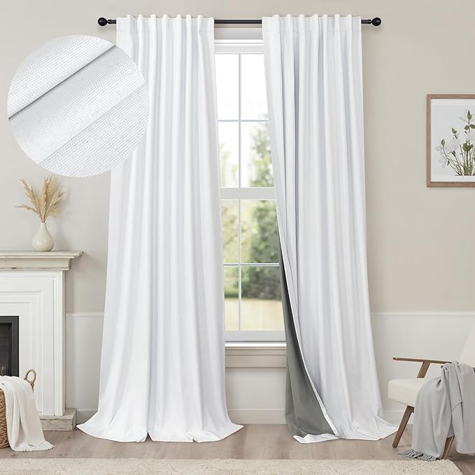 Complete Blackout 90 Inch Curtains Rustic Closet Extra Wide Curtains 2 Panel Set Linen Cotton Textured Large Window Light Heat Blocking Energy Saving Insulated Vintage Farmhouse Drapes Back Tab 7.5 ft